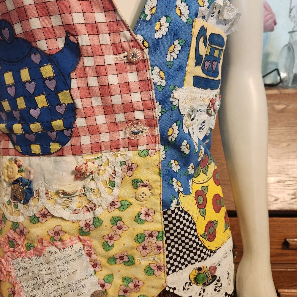 Hand Made Patchwork Granny Tea Party Quilted Vest Embellished Applique Cottage - Picture 6 of 15